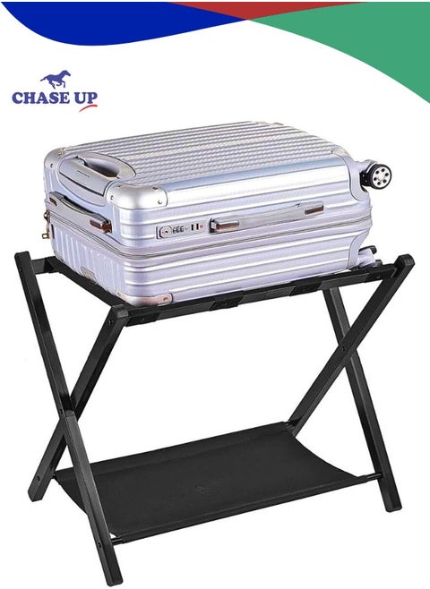 Luggage Rack for Guest Room, Suitcase Stand with Storage Shelf & Nylon Strap, Duty Steel Frame, Foldable for Easy Storage, Folding Luggage Rack for Hotel, Bedroom