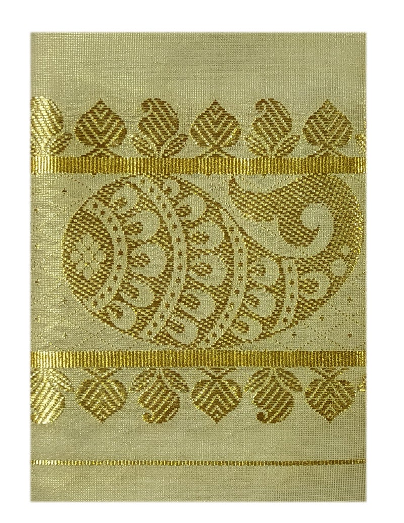 YETTALAN® Women's Kasavu Tissue Set Mundu with Self Jacquard Work and Tassel 2.80&2.00 Mtr (Shell - Gold) - Image 4