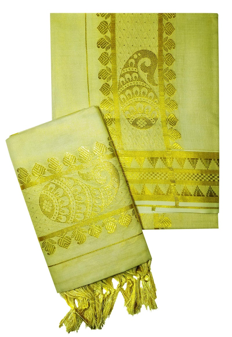 YETTALAN® Women's Kasavu Tissue Set Mundu with Self Jacquard Work and Tassel 2.80&2.00 Mtr (Shell - Gold) - Image 3