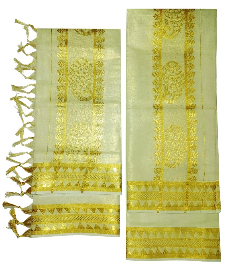 YETTALAN® Women's Kasavu Tissue Set Mundu with Self Jacquard Work and Tassel 2.80&2.00 Mtr (Shell - Gold) - Image 5