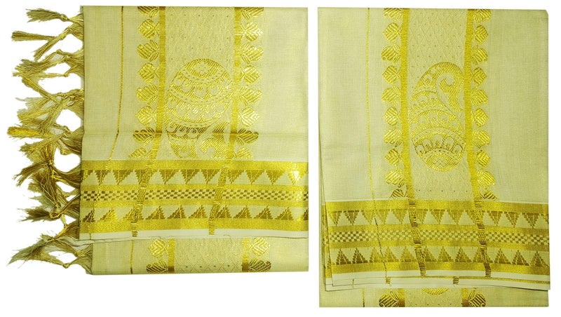 YETTALAN® Women's Kasavu Tissue Set Mundu with Self Jacquard Work and Tassel 2.80&2.00 Mtr (Shell - Gold) - Image 2