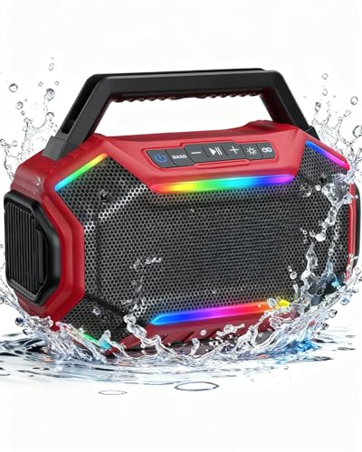 Qozybuds Bluetooth 6.0 Speaker, 80W(Peak) Loud Speaker with Bass, 30H Working Time, IPX6 Waterproof Large Jobsite Speakers with TWS, RGB Lights for Work, Outdoor, Workshop, Garage (Red) - Image 1