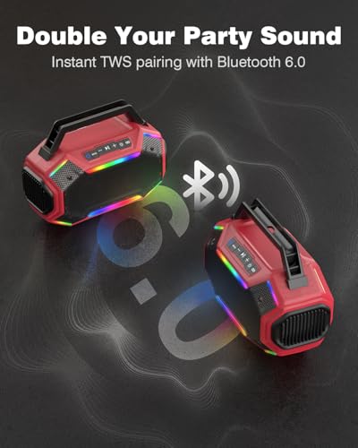 Qozybuds Bluetooth 6.0 Speaker, 80W(Peak) Loud Speaker with Bass, 30H Working Time, IPX6 Waterproof Large Jobsite Speakers with TWS, RGB Lights for Work, Outdoor, Workshop, Garage (Red) - Image 5