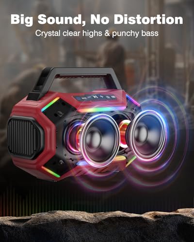 Qozybuds Bluetooth 6.0 Speaker, 80W(Peak) Loud Speaker with Bass, 30H Working Time, IPX6 Waterproof Large Jobsite Speakers with TWS, RGB Lights for Work, Outdoor, Workshop, Garage (Red) - Image 4