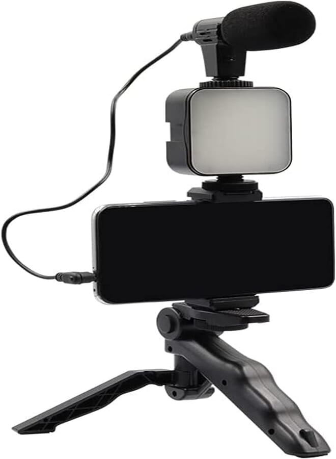 AY-49 Video Making Kit - Tripod, LED Light (49 lamp beads, 5W power, 1.5 hours battery life), Microphone - Black