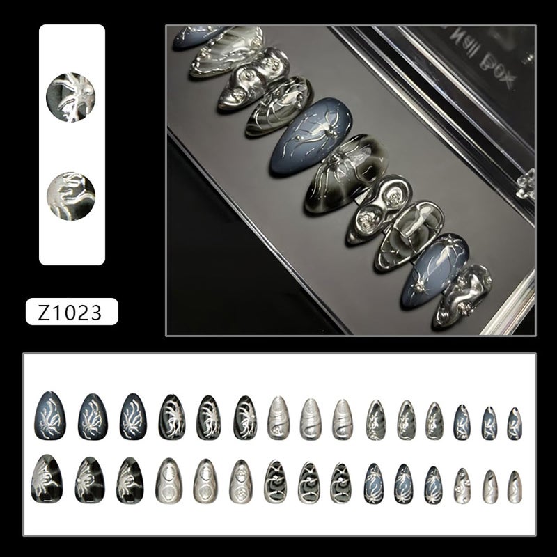 KRTBKR 30Pcs Goth Press on Nails Medium Almond Fake Nails 3D Silver Alloy Chrome Glitter Design Y2k Glue on Nails Full Cover Glue on Nails Reusable Handmade Nails Black False Nails for Women Acrylic Nails - Image 2