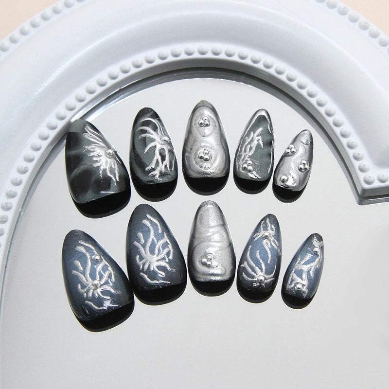 KRTBKR 30Pcs Goth Press on Nails Medium Almond Fake Nails 3D Silver Alloy Chrome Glitter Design Y2k Glue on Nails Full Cover Glue on Nails Reusable Handmade Nails Black False Nails for Women Acrylic Nails - Image 3