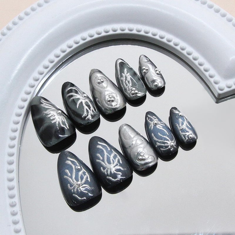 KRTBKR 30Pcs Goth Press on Nails Medium Almond Fake Nails 3D Silver Alloy Chrome Glitter Design Y2k Glue on Nails Full Cover Glue on Nails Reusable Handmade Nails Black False Nails for Women Acrylic Nails - Image 4