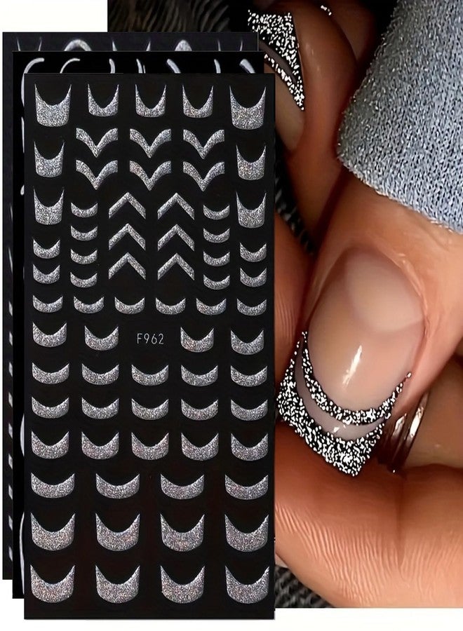 FUKIDOG 6 Sheets 3D Self-Adhesive French Tip Nail Art Stickers Decals Silver Glitter Nail Stickers Sparkly Nail Decorations Decals Curved Lines Nails Art Designs for Women DIY Nail Art Accessories - Image 1