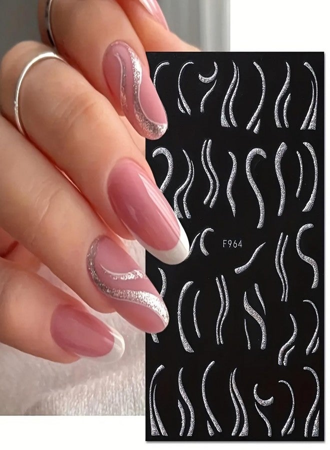 FUKIDOG 6 Sheets 3D Self-Adhesive French Tip Nail Art Stickers Decals Silver Glitter Nail Stickers Sparkly Nail Decorations Decals Curved Lines Nails Art Designs for Women DIY Nail Art Accessories - Image 2