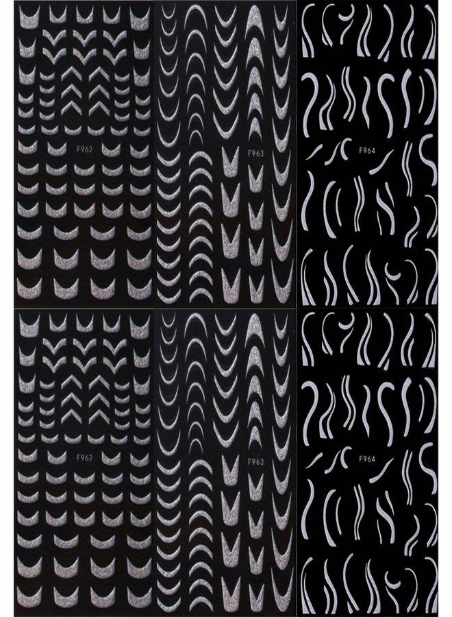 FUKIDOG 6 Sheets 3D Self-Adhesive French Tip Nail Art Stickers Decals Silver Glitter Nail Stickers Sparkly Nail Decorations Decals Curved Lines Nails Art Designs for Women DIY Nail Art Accessories - Image 4
