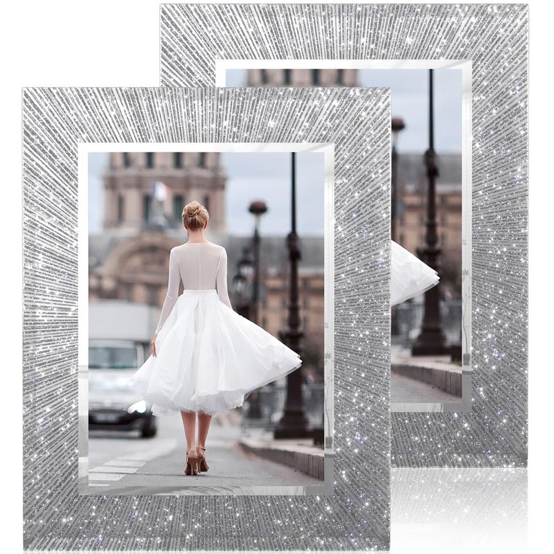 Flocey 5x7 Picture Frame Glass 2 Pack, Sparkly Glitter Photo Frame 5 x 7 Mirror Crystal Wedding Gift Wall and Tabletop Display - Image 1