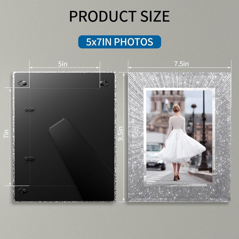 Flocey 5x7 Picture Frame Glass 2 Pack, Sparkly Glitter Photo Frame 5 x 7 Mirror Crystal Wedding Gift Wall and Tabletop Display - Image 2