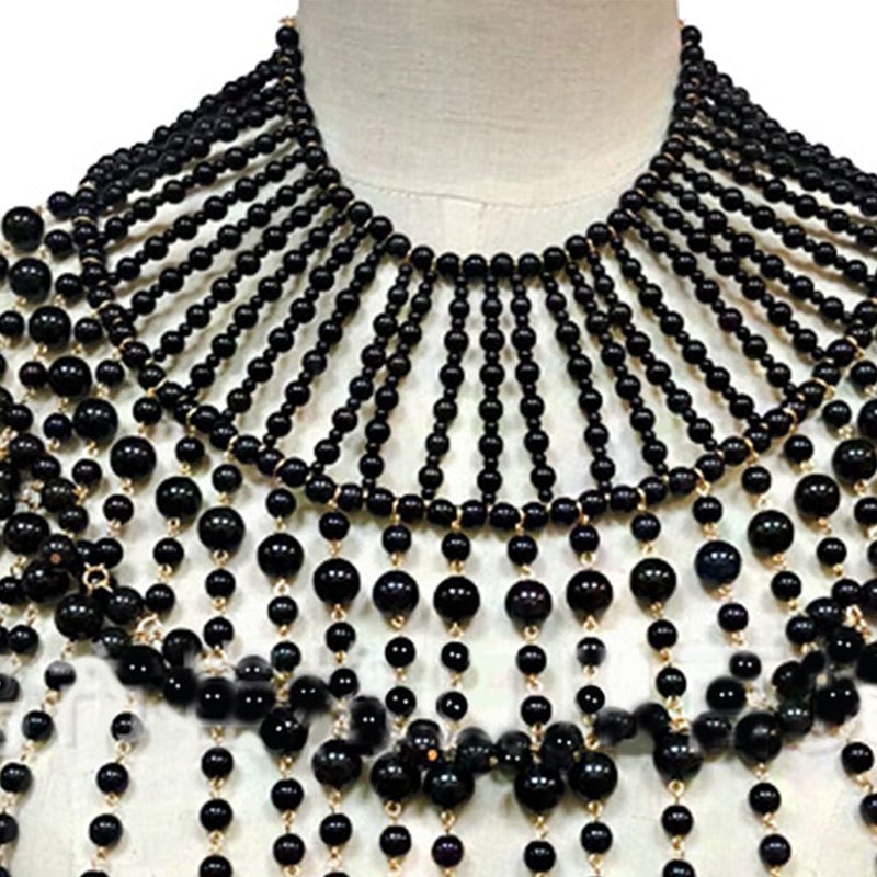 Layered Pearl Beaded Shoulder Body Chain Harness Necklace Collar - Black - Image 5