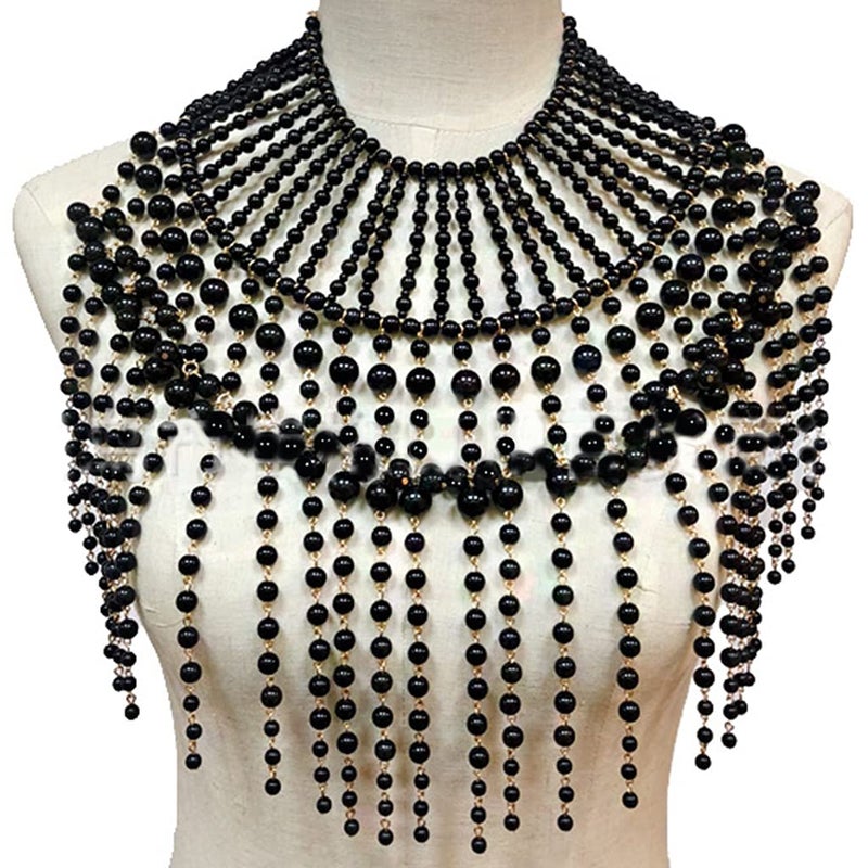 Layered Pearl Beaded Shoulder Body Chain Harness Necklace Collar - Black - Image 1