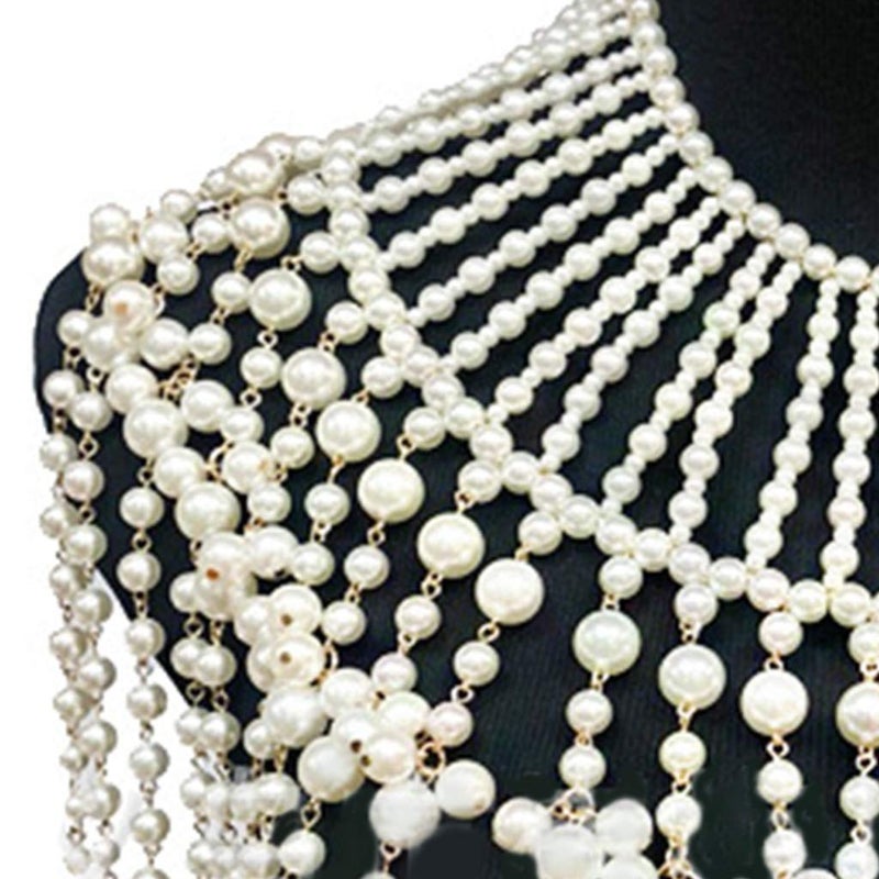Layered Pearl Beaded Shoulder Body Chain Harness Necklace Collar - Black - Image 4