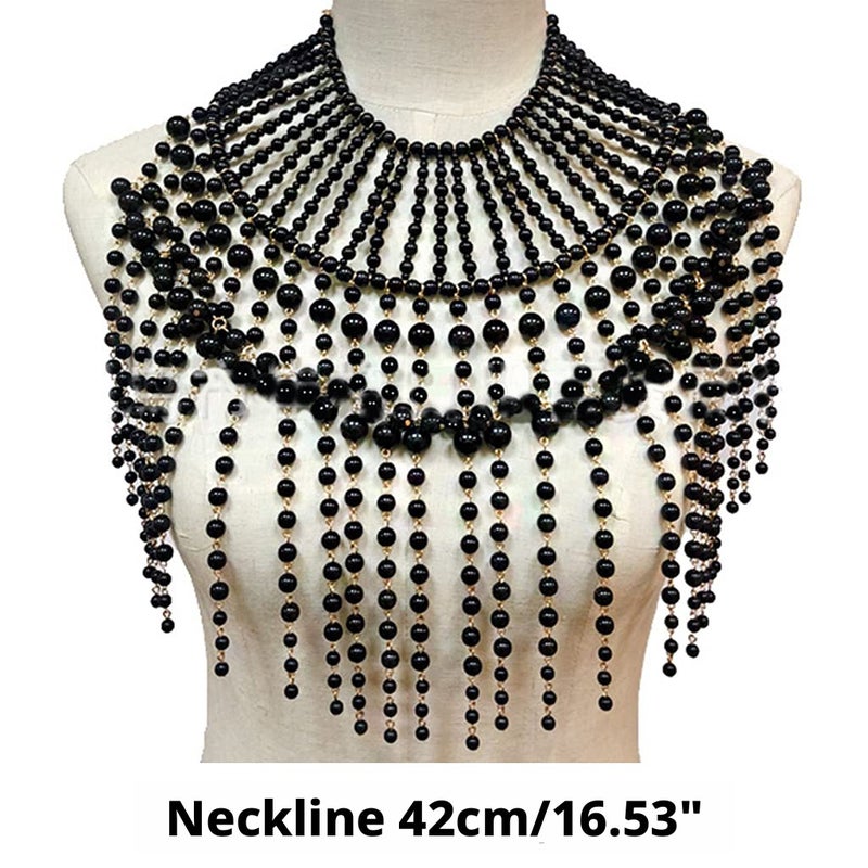 Layered Pearl Beaded Shoulder Body Chain Harness Necklace Collar - Black - Image 2