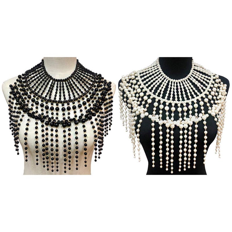 Layered Pearl Beaded Shoulder Body Chain Harness Necklace Collar - Black - Image 3
