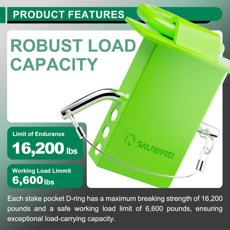 SALUINOKI Stake Pocket D Ring for Trailer Heavy Duty, D-Ring Stake Pocket Tie Downs Galvanized Green with Anti-Loss Cord and Gloves Breaking Load 16,200lbs (6 Set) - Image 3