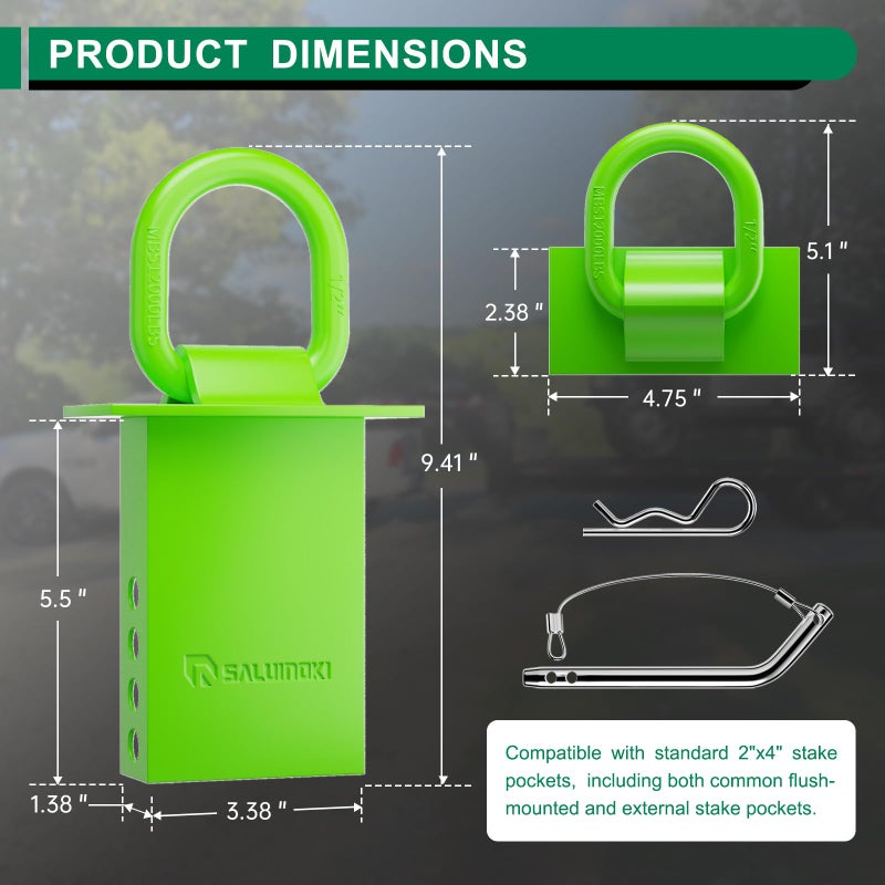 SALUINOKI Stake Pocket D Ring for Trailer Heavy Duty, D-Ring Stake Pocket Tie Downs Galvanized Green with Anti-Loss Cord and Gloves Breaking Load 16,200lbs (6 Set) - Image 2