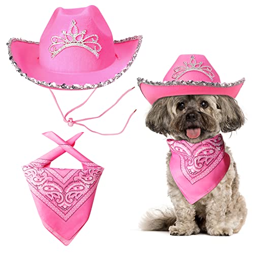 Yewong Pet Pink Cowboy Hat Costume Accessory Set Dog Cat Size Pink Cowgirl Princess Hat with Crown Tiara Bandana/Scarf for Cat Puppy Western Costume Daily Wearing Photo Props (Set A) - Image 1