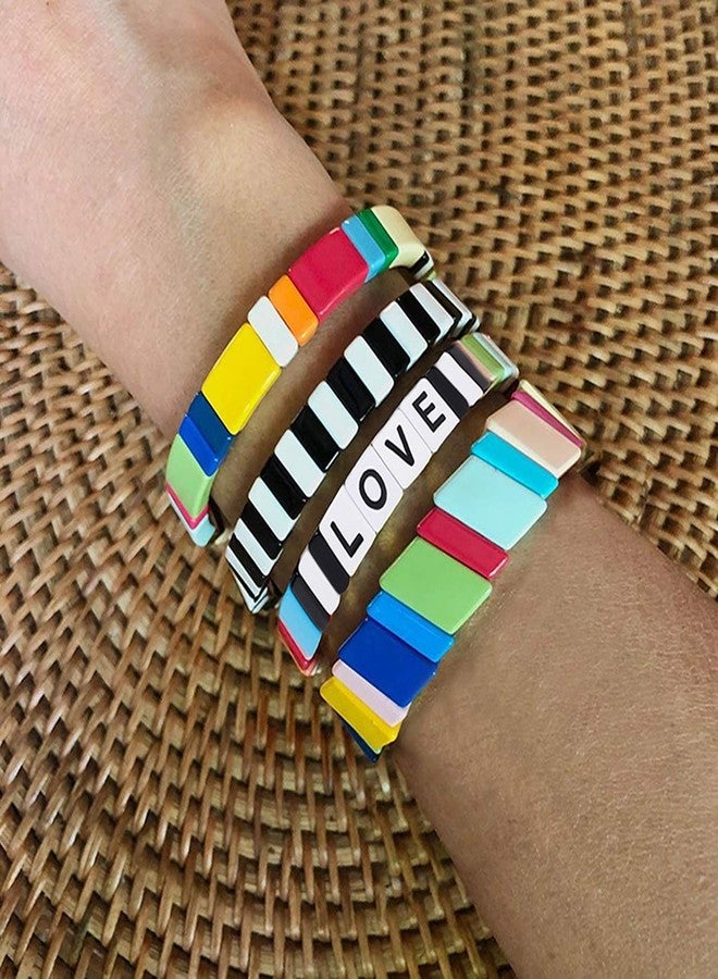 HZEYN Enamel Tile Bracelet Stackable Rainbow Tile Bead Love Stretchy Bracelet Colorblock Enamel Brite Bracelet for Women Set of 4 Strands - Image 2