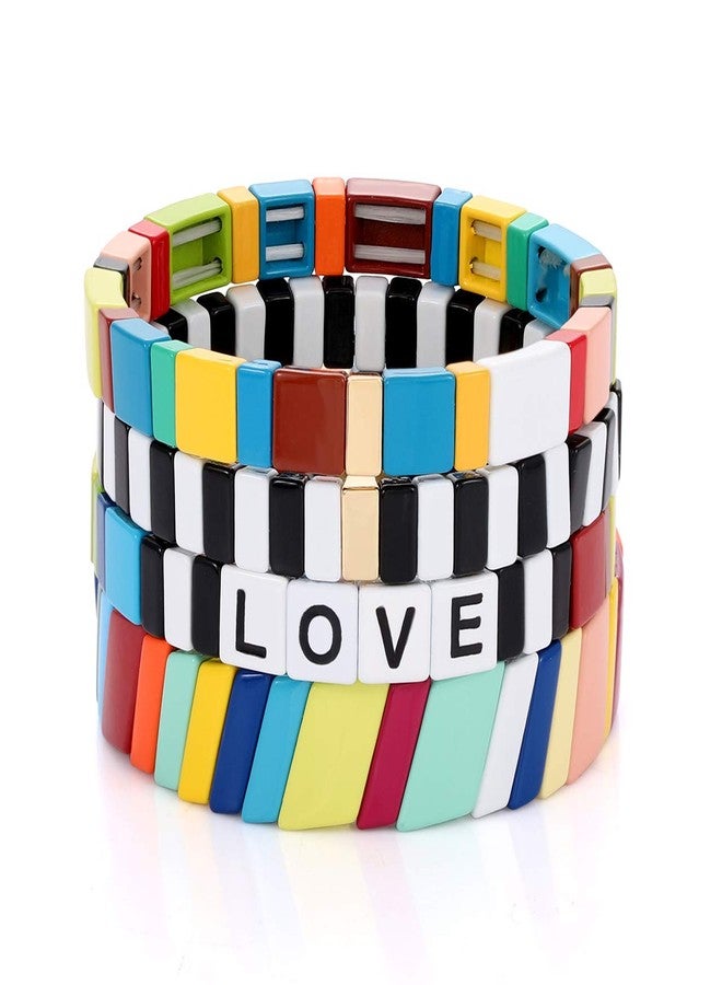 HZEYN Enamel Tile Bracelet Stackable Rainbow Tile Bead Love Stretchy Bracelet Colorblock Enamel Brite Bracelet for Women Set of 4 Strands - Image 1