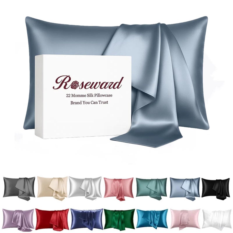 100 Mulberry Silk Pillowcase for Hair and Skin Made in USA Real 22 Momme Silk Pillow Cases Queen Not Satin Pillowcase Anti AcneZipper Closure 1 Pc 20x30 Queen Blue Grey