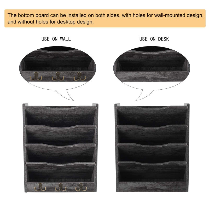 PAG 5-Tier Wall File Holder Hanging Mail Organizer Wood Magazine Literature Rack with 6 Hooks, Dark Gray - Image 4