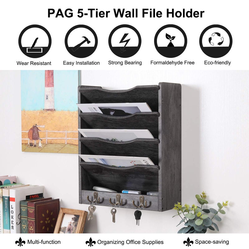 PAG 5-Tier Wall File Holder Hanging Mail Organizer Wood Magazine Literature Rack with 6 Hooks, Dark Gray - Image 5