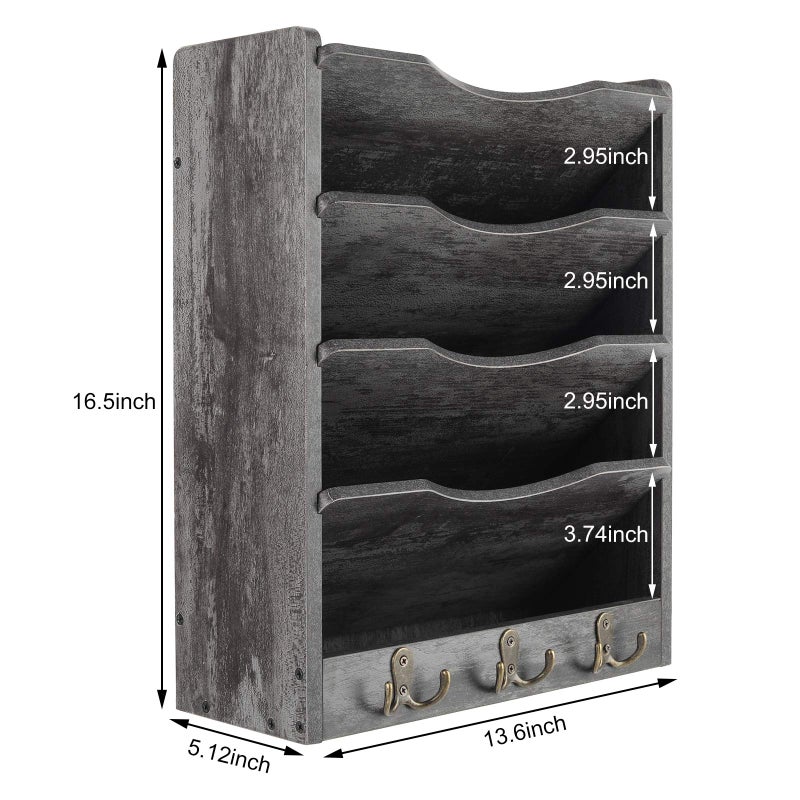 PAG 5-Tier Wall File Holder Hanging Mail Organizer Wood Magazine Literature Rack with 6 Hooks, Dark Gray - Image 3