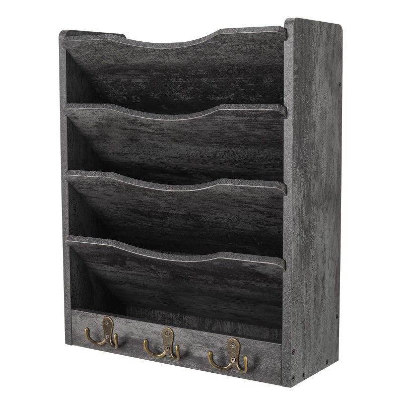 PAG 5-Tier Wall File Holder Hanging Mail Organizer Wood Magazine Literature Rack with 6 Hooks, Dark Gray - Image 1