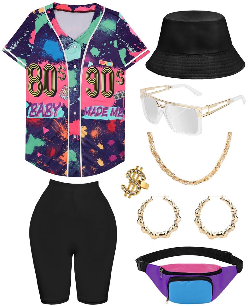 WILDPARTY 80s 90s Outfit for Women Baseball Jersey Shirt Shorts Fanny Pack Retro Party Costume Repper Accessories 1990s 1980s Neon Clothes DarkBlue M - Image 1