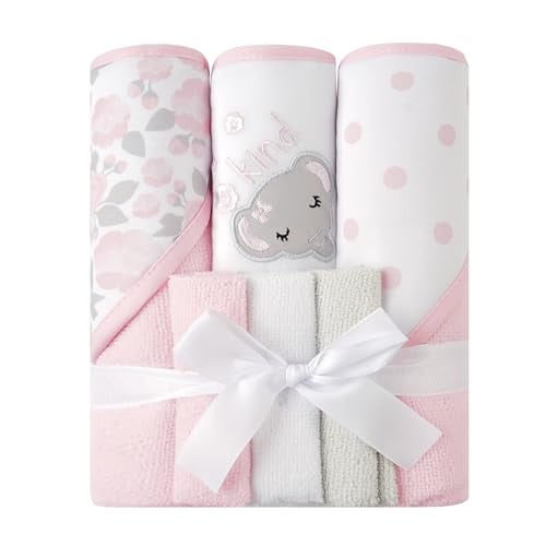 Viviland Baby Towels and Baby Wash Cloths Set Hooded Baby Towels Baby Wipes Absorbent Bath Face Towels Burp Cloths or Face Towels for Girl Boy 6Pack Size 28 x 28 InchElephant Flower - Image 1