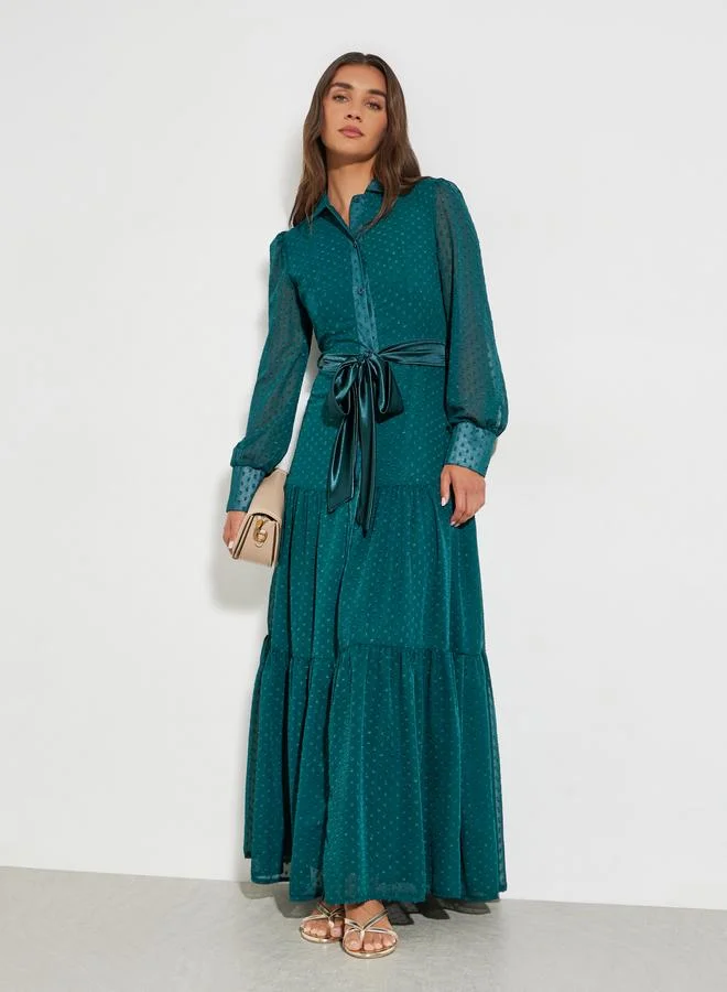 Take Two Teal Dobby Tiered Shirt Maxi Dress