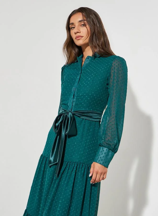 Take Two Teal Dobby Tiered Shirt Maxi Dress