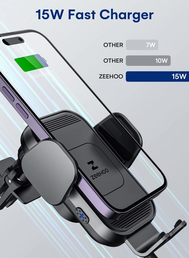ZEEHOO Wireless Car Charger, 15w Fast Charging, Auto Clamping Car Phone Mount, Cell Phone Holder Charger, for iPhone 15 14 13 12 11 Pro Max Xs, Samsung Galaxy S23+ S22, Etc.(Grey) - Image 2
