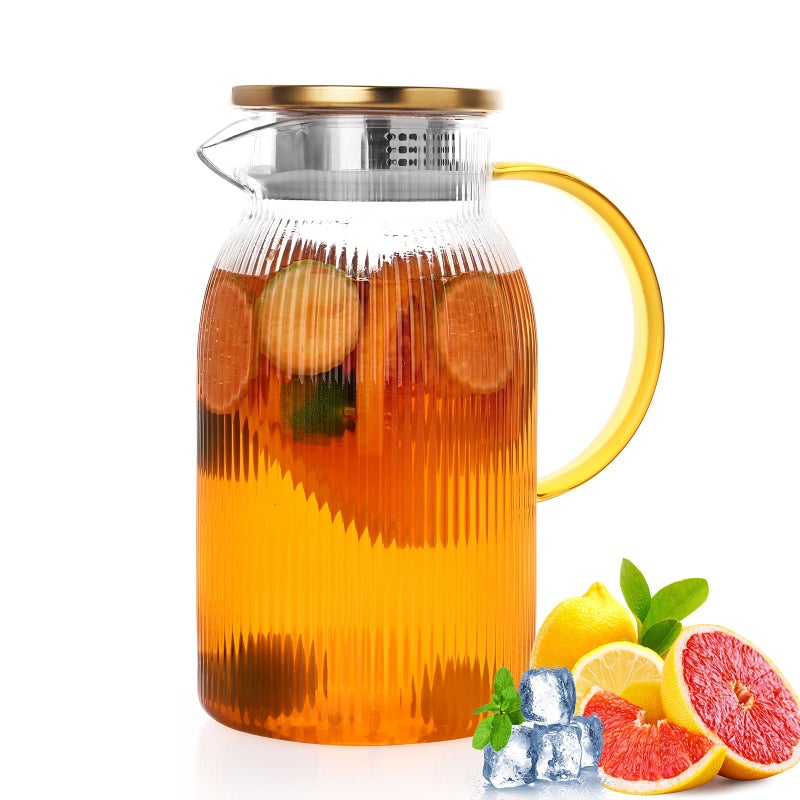 Wells Ribbed Glass Pitcher With Lid and Spout, Glass Water Jugs With Handle, Water Carafe for Hot and Cold Beverage, Brew, Iced Tea, lemonade, Juice, Coffee, Milk, 1.4 Liter 47 Ounce, Borosilicate - Image 1