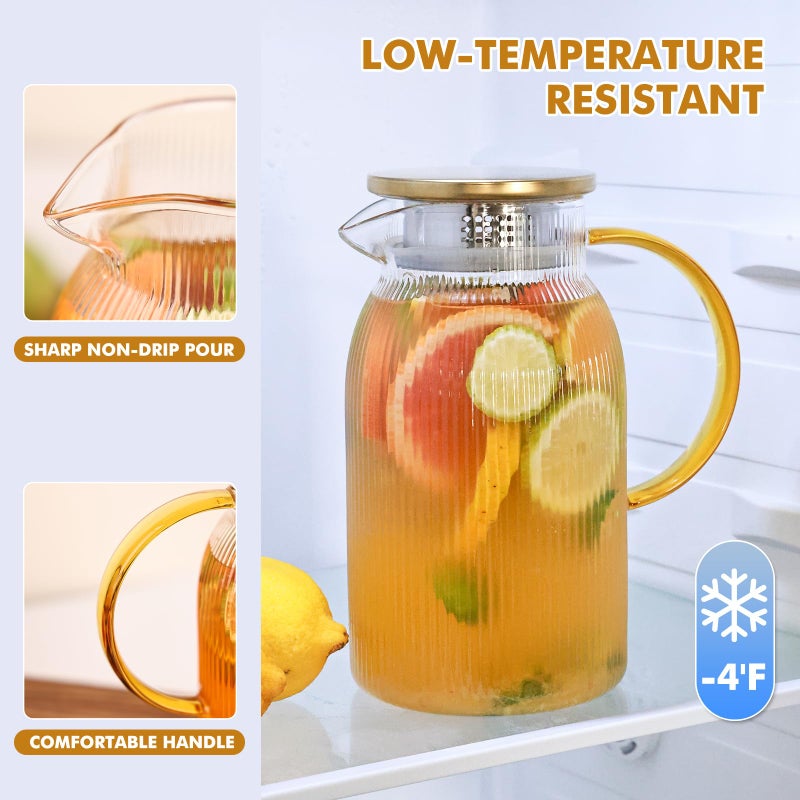 Wells Ribbed Glass Pitcher With Lid and Spout, Glass Water Jugs With Handle, Water Carafe for Hot and Cold Beverage, Brew, Iced Tea, lemonade, Juice, Coffee, Milk, 1.4 Liter 47 Ounce, Borosilicate - Image 4