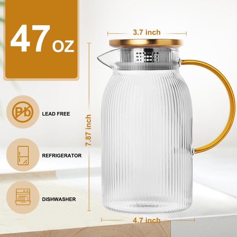 Wells Ribbed Glass Pitcher With Lid and Spout, Glass Water Jugs With Handle, Water Carafe for Hot and Cold Beverage, Brew, Iced Tea, lemonade, Juice, Coffee, Milk, 1.4 Liter 47 Ounce, Borosilicate - Image 2