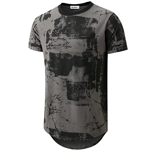 KLIEGOU Mens Hipster Hip Hop Ripped Round Hemline Pattern Print T Shirt 86 Gray XL - Image 1