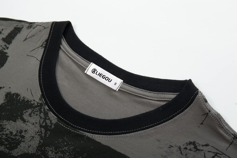 KLIEGOU Mens Hipster Hip Hop Ripped Round Hemline Pattern Print T Shirt 86 Gray XL - Image 3