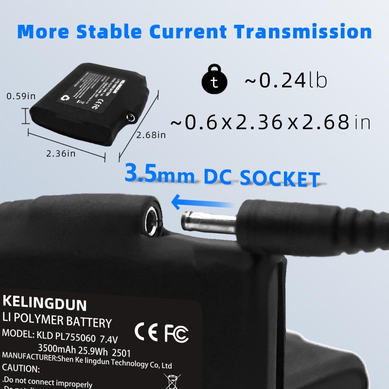 kelingdun 2pcs 7.4V 3500mAh Lithium Polymer Batteries.Rechargeable Li-Polymer Batteries for Heated Gloves, Socks,and Jackets, Ideal for Skiing,Fishing,and Winter Sports. Female DC Jack Compatibility. - Image 3