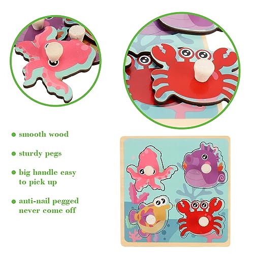 Slotic Wooden Peg Puzzles for Toddlers 13 Kids Educational Preschool Peg Puzzle Toy Set of 4 Toddler Puzzles Farm Dinosaur Fruit and Marine Animals Ideal Gift for Ages 1 2 3 Boys and Girls - Image 5