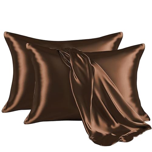 RAGGLE Set of 2 Satin Silk Pillowcase for Hair and Skin Standard Size 18"X 28" with Soft Breathable Smooth Cooling Pillow Covers for Sleeping or Pillow Protector (2, Brown) - Image 1