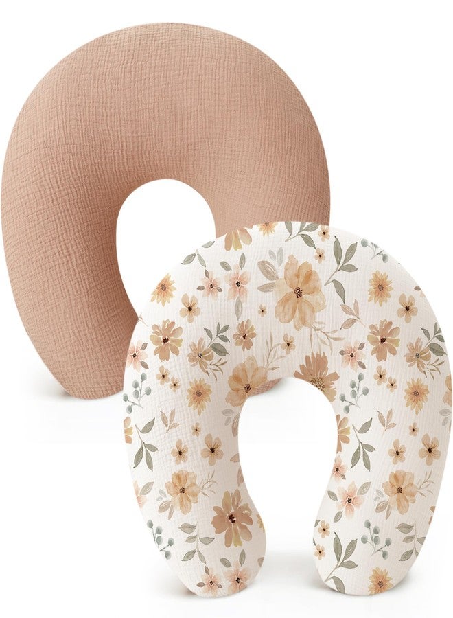 Konssy 2 Pack Muslin Nursing Pillow Covers, Soft and Adorable Nursing Cover for Breastfeeding Pillows, Pillow Slipcover for Baby Girls Boys Newborn(Toffee, Flourish)