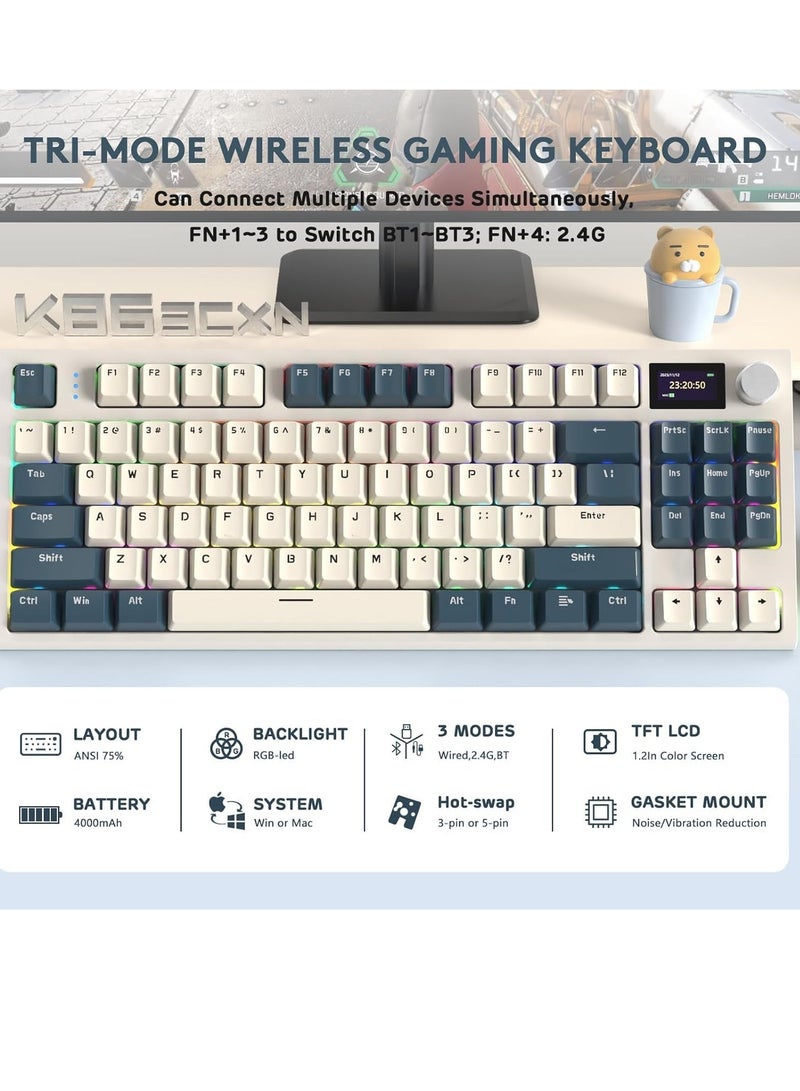 Attack Shark K86 RGB Wireless Gasket Mechanical Keyboard,Triple Mode Bluetooth5.0/2.4G/USB-C 87 Keys Hot Swappable Gaming Keyboard, 4000 mAh Battery 1.2'' HD OLED Display Volume Rotary Button for Games and Work - Image 2