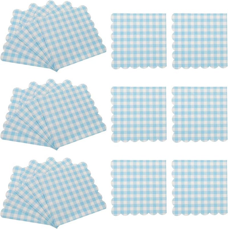 Healeved Blue Disposable Plaid Paper Napkins 100 Pcs Bulk Scalloped Edges Party Birthday Tableware - Image 1