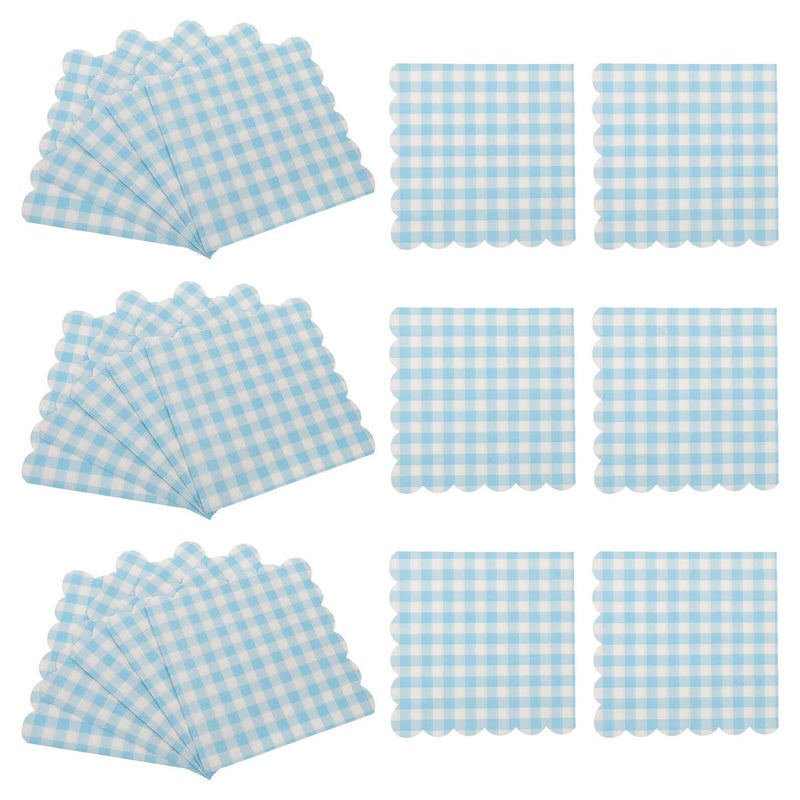 Healeved Blue Disposable Plaid Paper Napkins 100 Pcs Bulk Scalloped Edges Party Birthday Tableware - Image 2