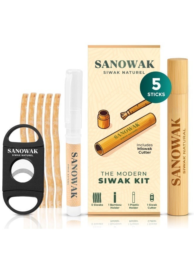 Miswak Set / 100% Natural Siwak Kit – 5 Organic Siwak Sticks, 1 Wooden Holder, 1 Plastic Holder & 1 Miswak Cutter | Essential Travel Oral Care Pack for Teeth Whitening & Sunnah Tradition | Eco-Friendly & Antibacterial | Meswak | Sewak